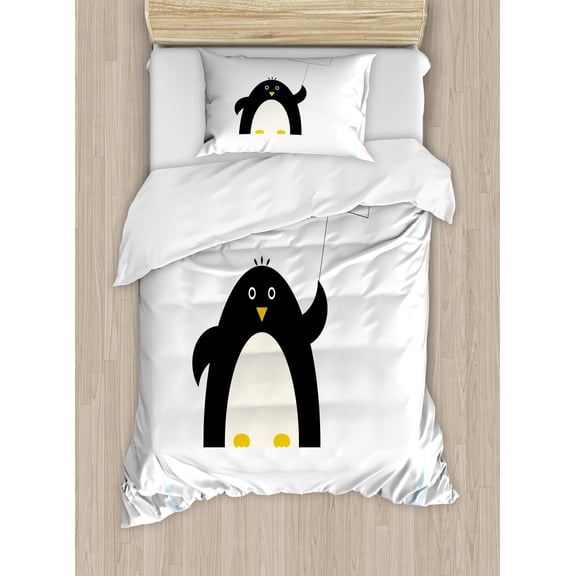 Ambesonne Animal Duvet Cover Set, Penguin on Ice Need Help, Twin, Black White and Sky Blue