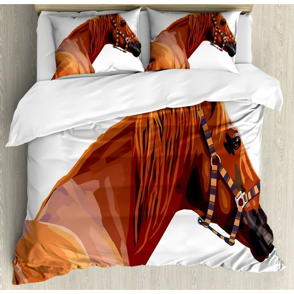 Ambesonne Animal Duvet Cover Set, Race Jokey Horse Nature, 2-Calking, White and Cinnamon