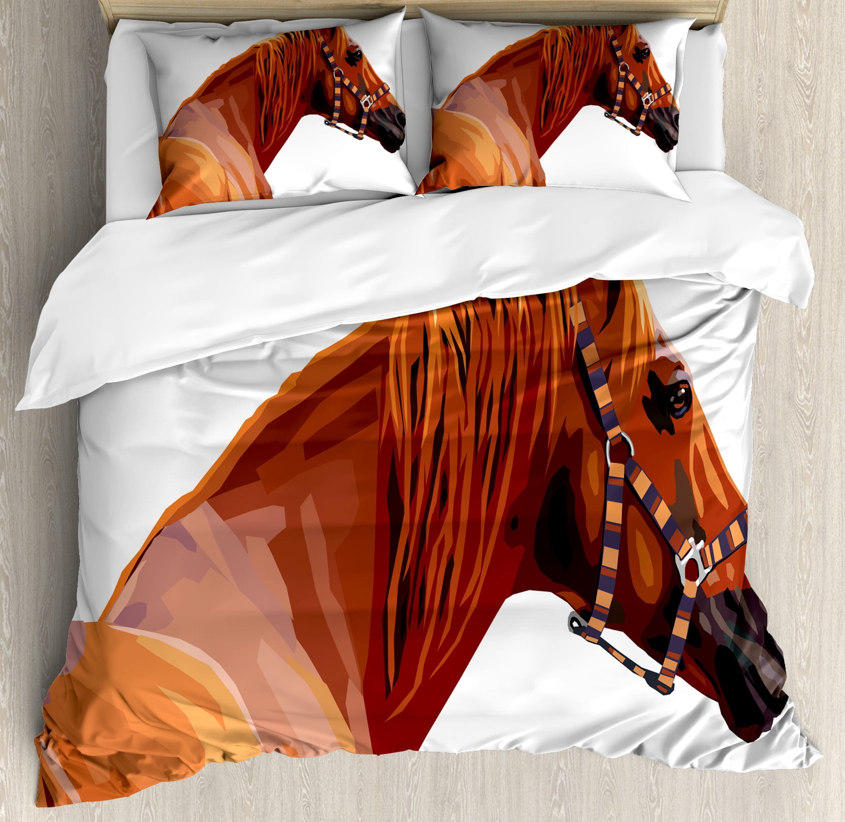 Queen Size White and Cinnamon Horse Duvet Cover Set