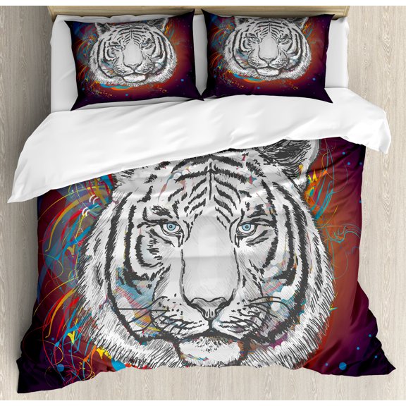 Ambesonne Animal Duvet Cover Set, Tiger from Outer Space, King, Brown White and Black