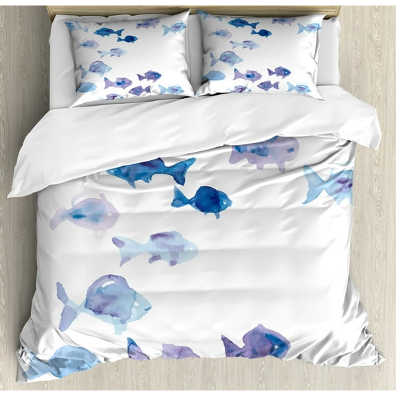 Ambesonne Animal Duvet Cover Set, Watercolor Fishes, King, Pale Blue Mauve Blue