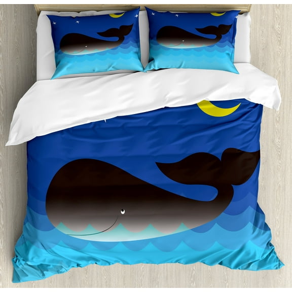 Ambesonne Animal Duvet Cover Set, Whale in Ocean and Star, Calking, Blue Grey and Pale Blue