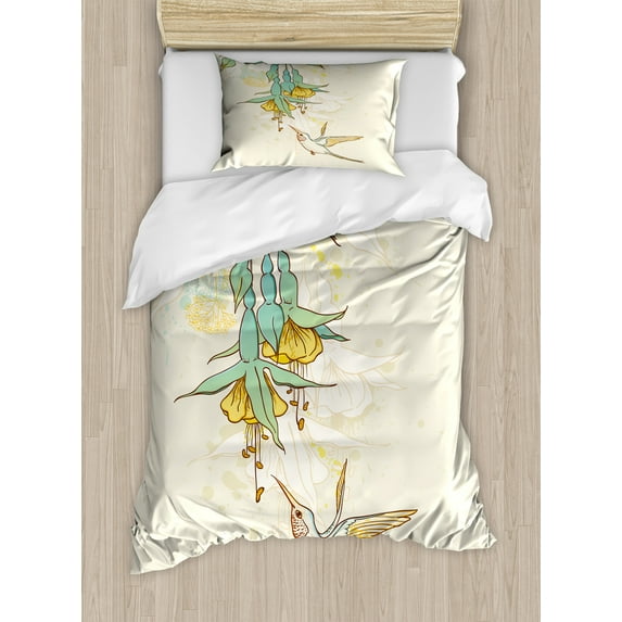 Ambesonne Animal Duvet Cover Sets, Colibri Exotic Plant, 2-Twin, Teal Yellow