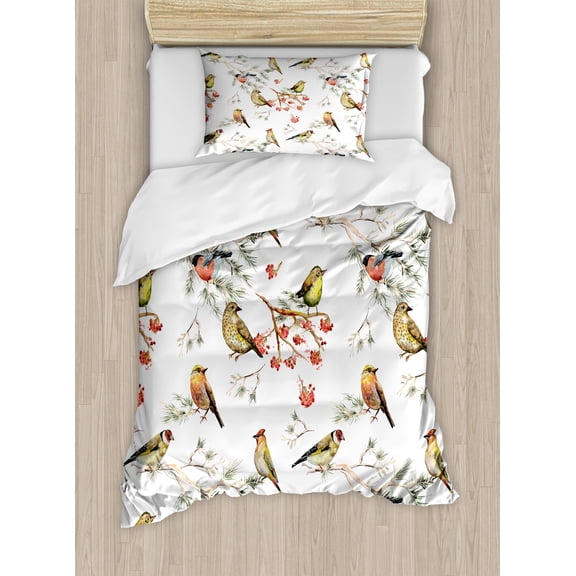 Ambesonne Animal Duvet Cover Sets, Colorful Forest Birds, 2-Twin, Multicolor