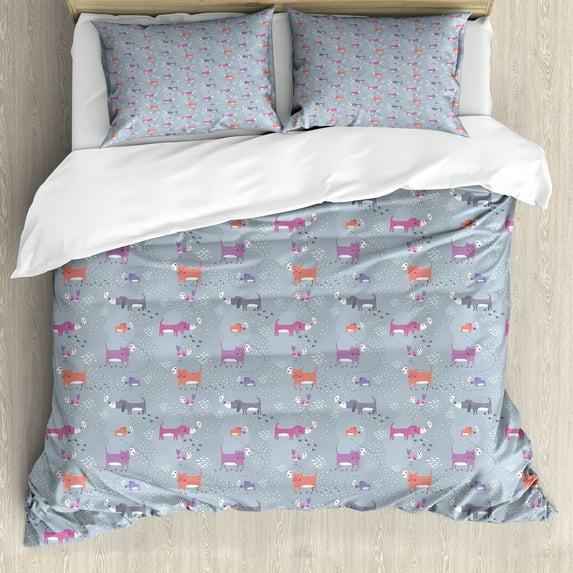 Ambesonne Animal Duvet Cover Sets, Comic Style Dogs Cats Mice, 2-King, Pale Taupe Multicolor