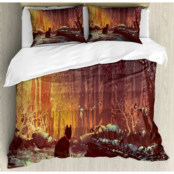Ambesonne Animal Duvet Cover Sets, Dark Cat Mystic Picture, 2-Queen, Orange Brown