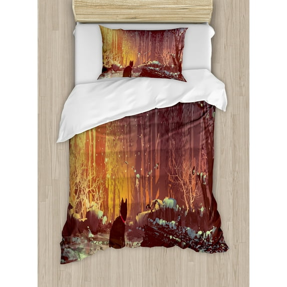 Ambesonne Animal Duvet Cover Sets, Dark Cat Mystic Picture, 2-Twin, Orange Brown