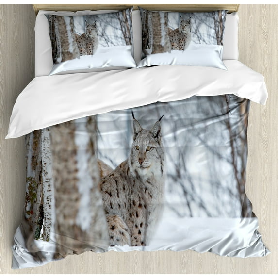 Ambesonne Animal Duvet Cover Sets, European Lynx Wilderness, 2-Queen, Pale Brown White