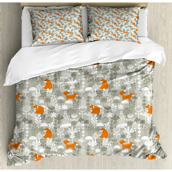 Ambesonne Animal Duvet Cover Sets, Fox in the Winter Forest, 2-King, Pale Sage Green Orange