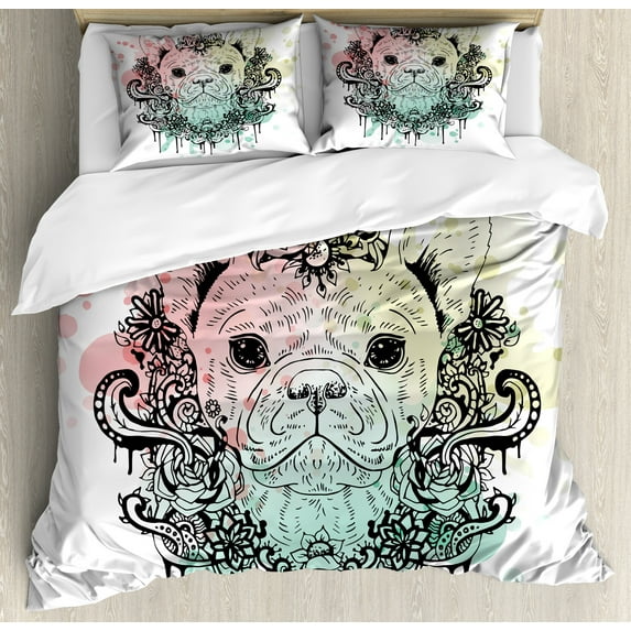 Ambesonne Animal Duvet Cover Sets, French Bulldog Flowers, 2-King, Pale Green Pale Pink