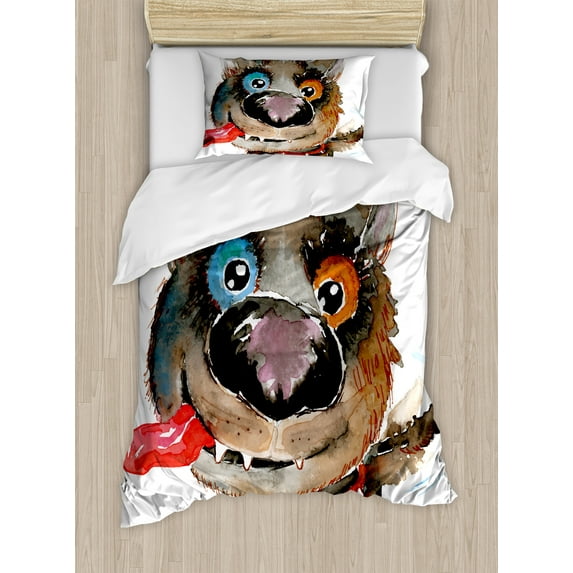 Ambesonne Animal Duvet Cover Sets, Funny Dog Puppy, 2-Twin, Orange Cocoa Blue