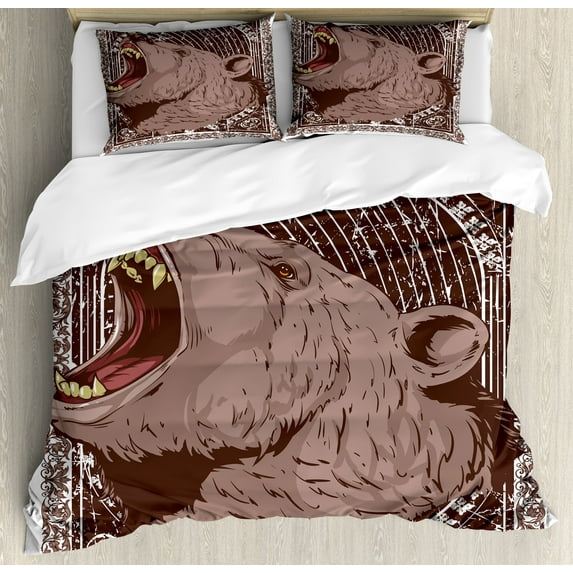 Ambesonne Animal Duvet Cover Sets, Growling Grizzly Bear, 2-King, Brown and White