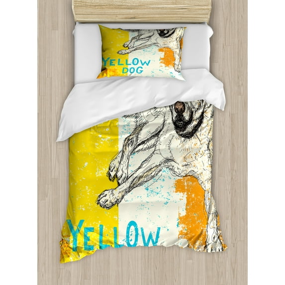 Ambesonne Animal Duvet Cover Sets, Grunge Sketch Dog Art, 2-Twin, Yellow Beige Blue