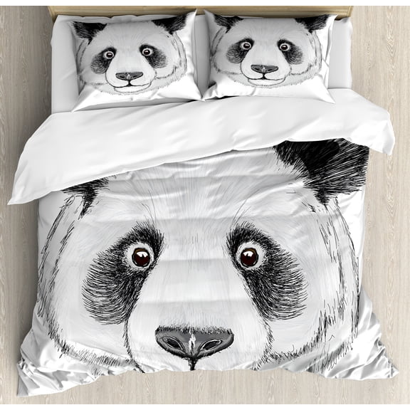 Ambesonne Animal Duvet Cover Sets, Hand Drawn Panda, 2-King, Lime Green White