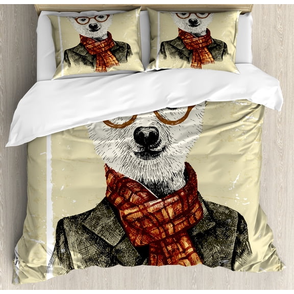 Ambesonne Animal Duvet Cover Sets, Hipster Bear Glasses, 2-King, Cream Dark Orange Black