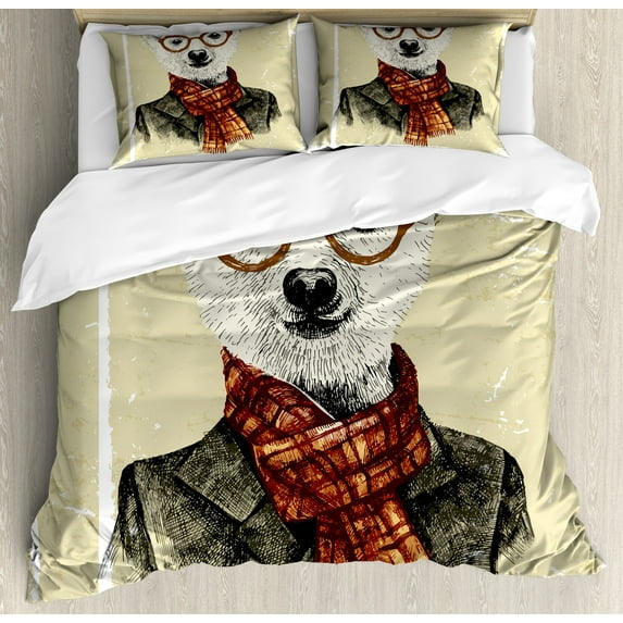 Ambesonne Animal Duvet Cover Sets, Hipster Bear Glasses, 2-Queen, Cream Dark Orange Black