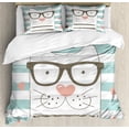 thumbnail image 1 of Ambesonne Animal Duvet Cover Sets, Hipster Cartoon Cat Art, 2-Queen, White Blue and Pink, 1 of 7