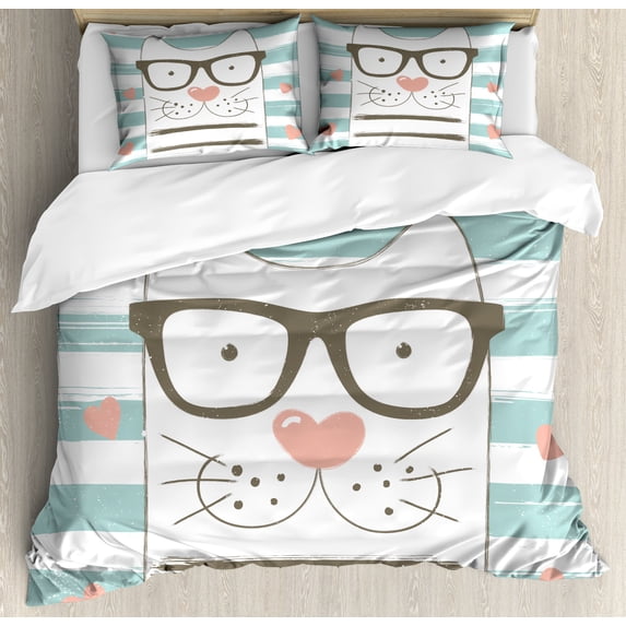Ambesonne Animal Duvet Cover Sets, Hipster Cartoon Cat Art, 2-Queen, White Blue and Pink