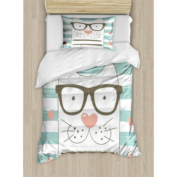 Ambesonne Animal Duvet Cover Sets, Hipster Cartoon Cat Art, 2-Twin, White Blue and Pink