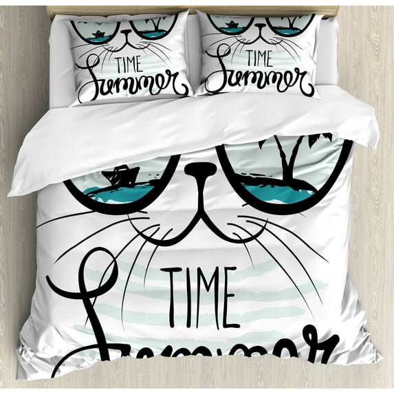Ambesonne Animal Duvet Cover Sets, Hipster Cat with Palms, 2-King, Almond Green Black Teal
