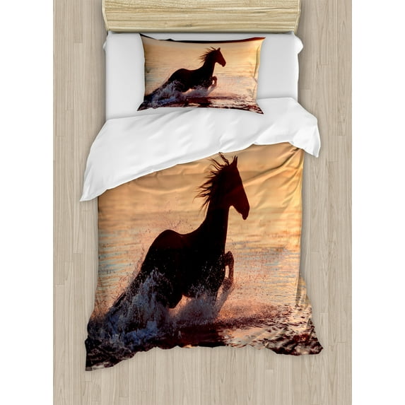 Ambesonne Animal Duvet Cover Sets, Horse Sea at Sunset, 2-Twin, Salmon Dark Brown