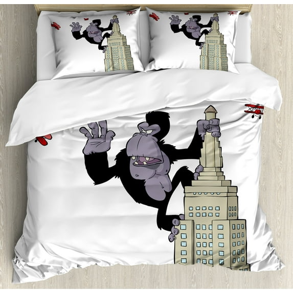 Ambesonne Animal Duvet Cover Sets, King Monkey Cartoon, 2-Queen, Beige Black and Red