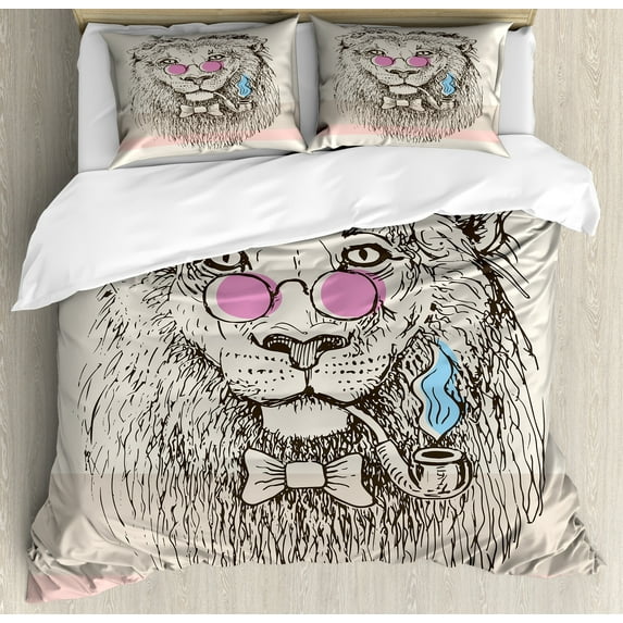 Ambesonne Animal Duvet Cover Sets, Lion Head Hipster Style, 2-Queen, Pale Blue Pale Pink