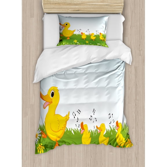 Ambesonne Animal Duvet Cover Sets, Mother Duck and, 2-Twin, Pale Blue Mustard