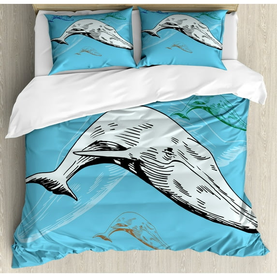 Ambesonne Animal Duvet Cover Sets, Ocean Whales Hand Drawn, 2-Queen, White and Blue