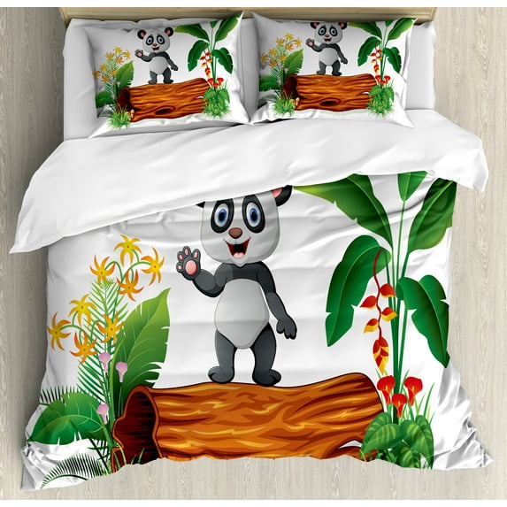Ambesonne Animal Duvet Cover Sets, Panda Posing, 2-King, Green Brown