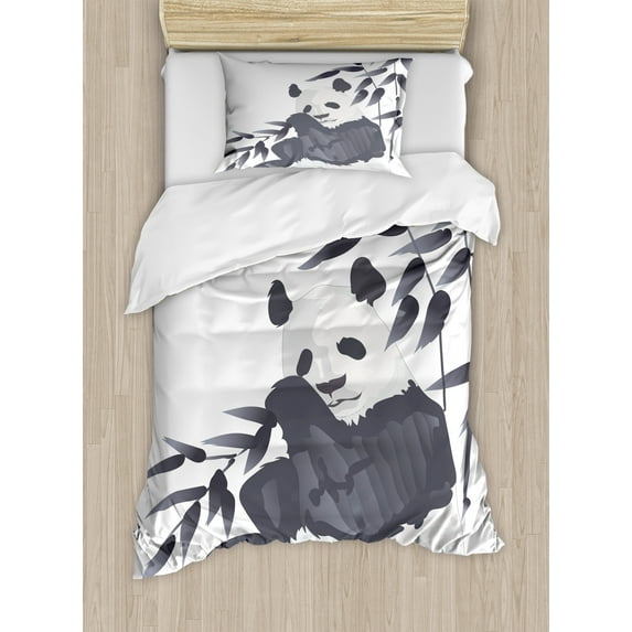 Ambesonne Animal Duvet Cover Sets, Panda in Zoo Chinese, 2-Twin, Cadet Blue White