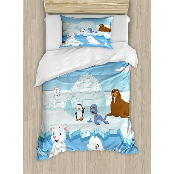 Ambesonne Animal Duvet Cover Sets, Polar Bears Seal Penguins, 2-Twin, Sky Blue and White