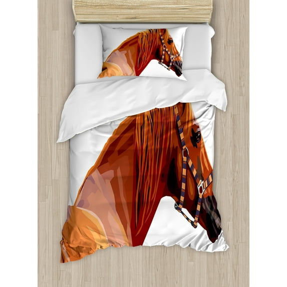 Ambesonne Animal Duvet Cover Sets, Race Jokey Horse Nature, 2-Twin, White and Cinnamon