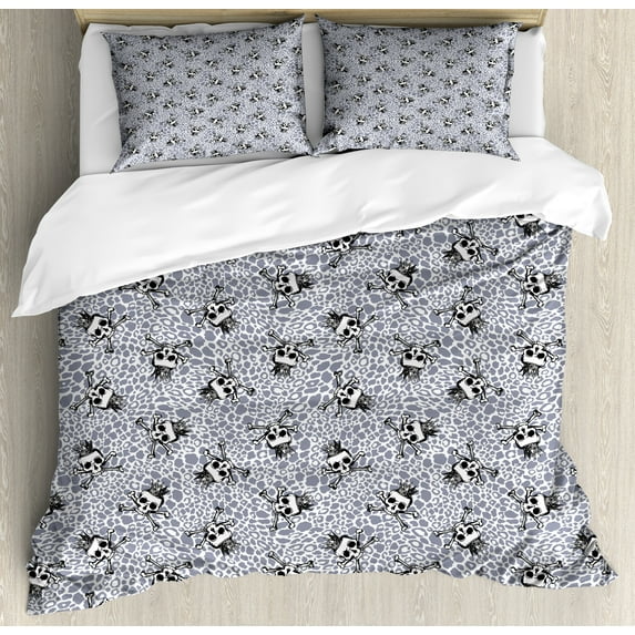 Ambesonne Animal Duvet Cover Sets, Skull Crossbones Wild, 2-King, Black White Purplegrey