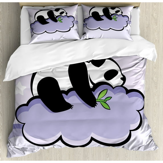 Ambesonne Animal Duvet Cover Sets, Sleeping Panda on Cloud, 2-King, Lilac Black