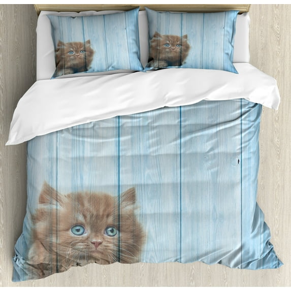 Ambesonne Animal Duvet Cover Sets, Vivid Rustic Kitty, 2-King, Caramel Blue