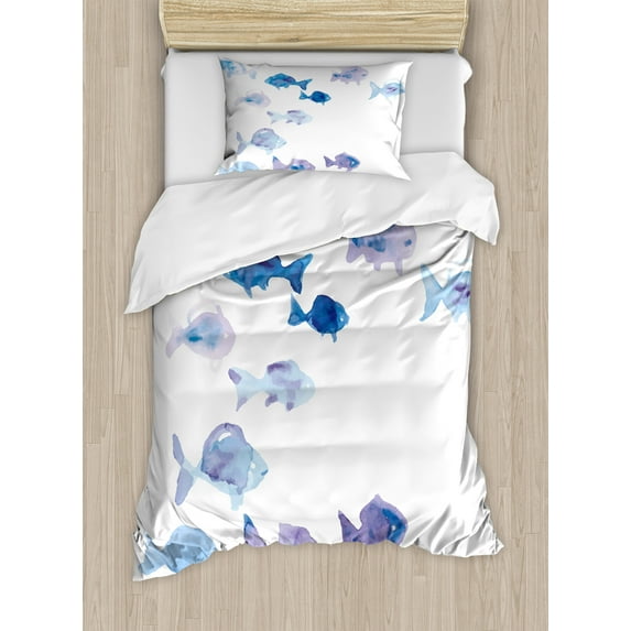 Ambesonne Animal Duvet Cover Sets, Watercolor Fishes, 2-Twin, Pale Blue Mauve Blue