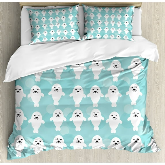 Ambesonne Animal Duvet Cover Sets, White Seals Ocean, 2-King, Turquoise Pale Blue