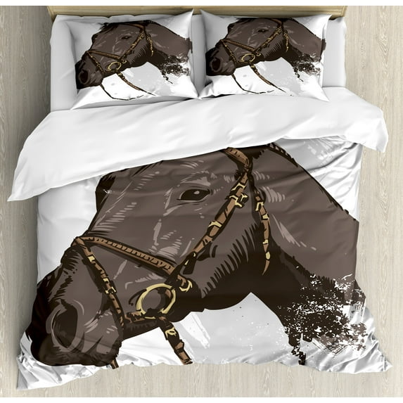 Ambesonne Animal Duvet Cover Sets, Wild Horse Portrait, 2-King, Brown White