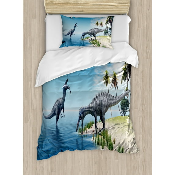 Ambesonne Animal Duvet Cover Sets, Wild Suchomimus Dinosaur, 2-Twin, Blue Green Grey