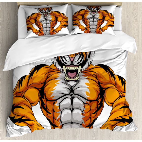 Ambesonne Animal Duvet Cover Sets, Wildlife Savannah Tiger Art, 2-King, Pale Grey and Marigold