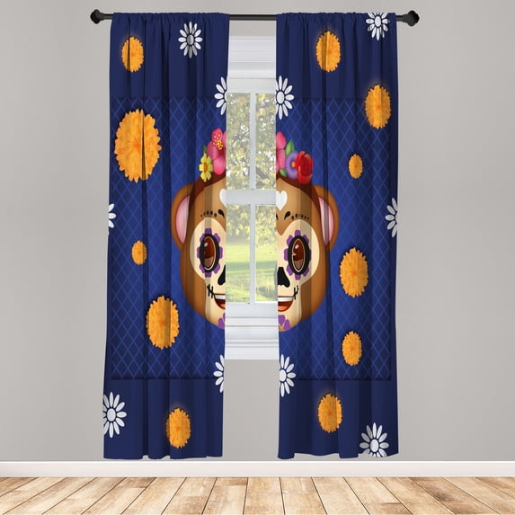 Ambesonne Animal Emoji Curtains, Monkey Colorful Flower, Pair of 28"x63", Dark Lavender and Marigold