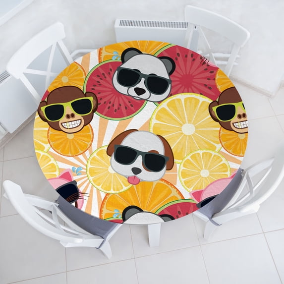 Ambesonne Animal Emoji Fitted Round Tablecloth, Animal Faces Fruits, 45"- 56" Diameter, Pale Orange and Soft Pink