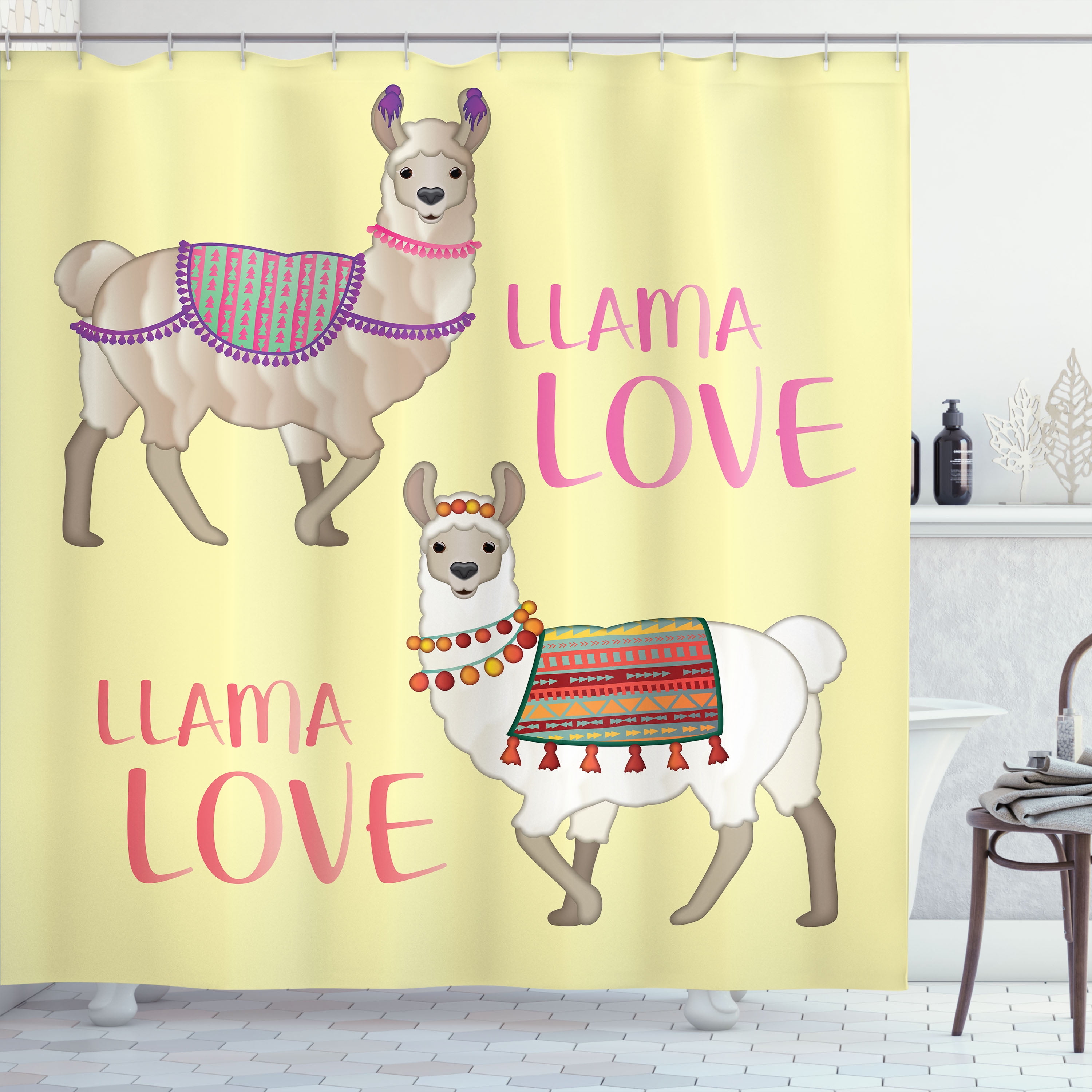 Ambesonne Animal Emoji Shower Curtain, Funny Llamas Cartoon, 69"Wx75"L
