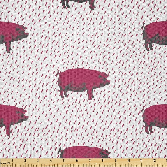 Ambesonne Animal Fabric by the Yard Microfiber, Domestic Swine Pig Sketch, 2 Yards, Dark Magenta and Taupe