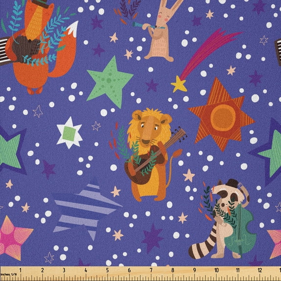 Ambesonne Animal Fabric by the Yard Microfiber, Funny Cartoon Zoo Star Lion, 1 Yard, Blue Violet and Multicolor
