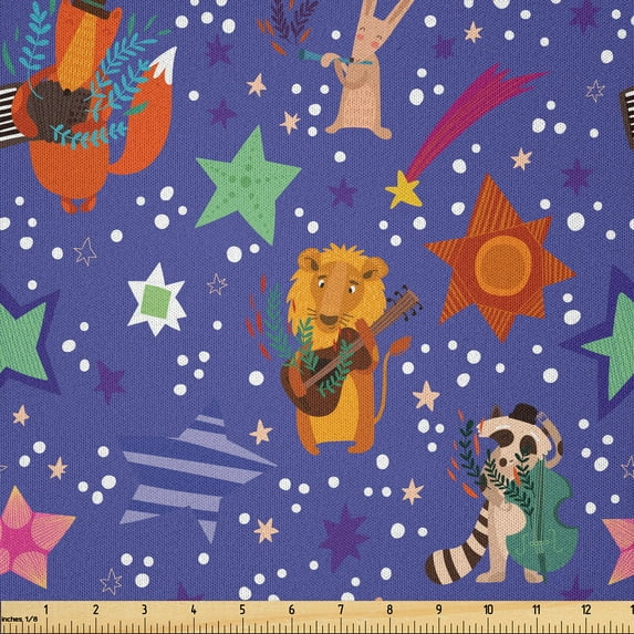Ambesonne Animal Fabric by the Yard Microfiber, Funny Cartoon Zoo Star Lion, 5 Yards, Blue Violet and Multicolor