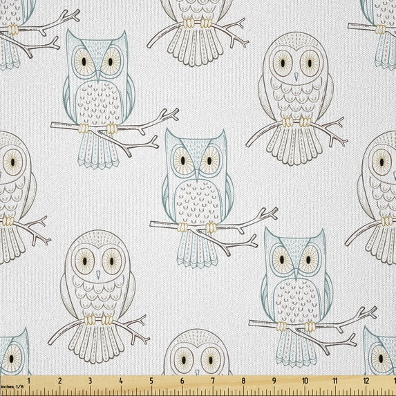 Ambesonne Animal Fabric by the Yard Microfiber, Owls on Branch in Linear, 2 Yards, Brown Sea Blue White