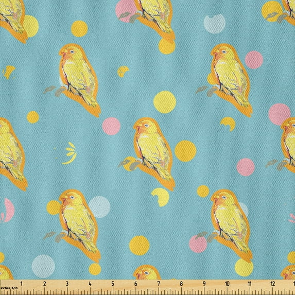 Ambesonne Animal Fabric by the Yard Microfiber, Yellowish Parrots Circles, 2 Yards, Pale Slate Blue Mustard