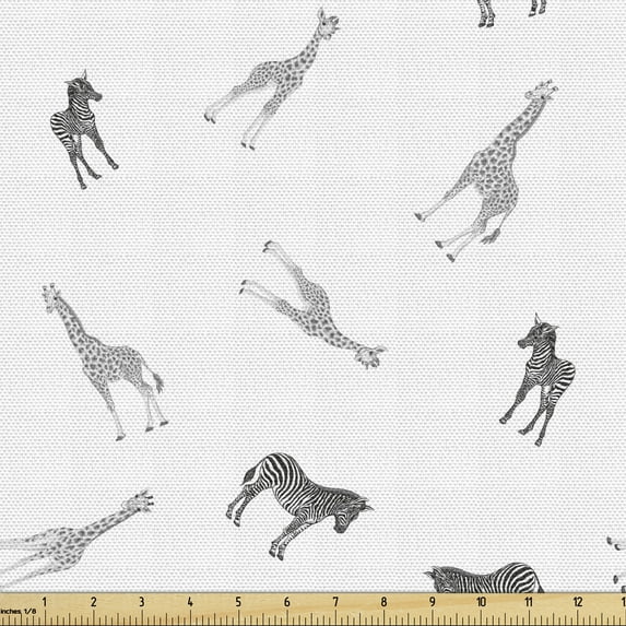 Ambesonne Animal Fabric by the Yard Upholstery, Adult Zebra Giraffe and Cubs, 10 Yards, Grey and White